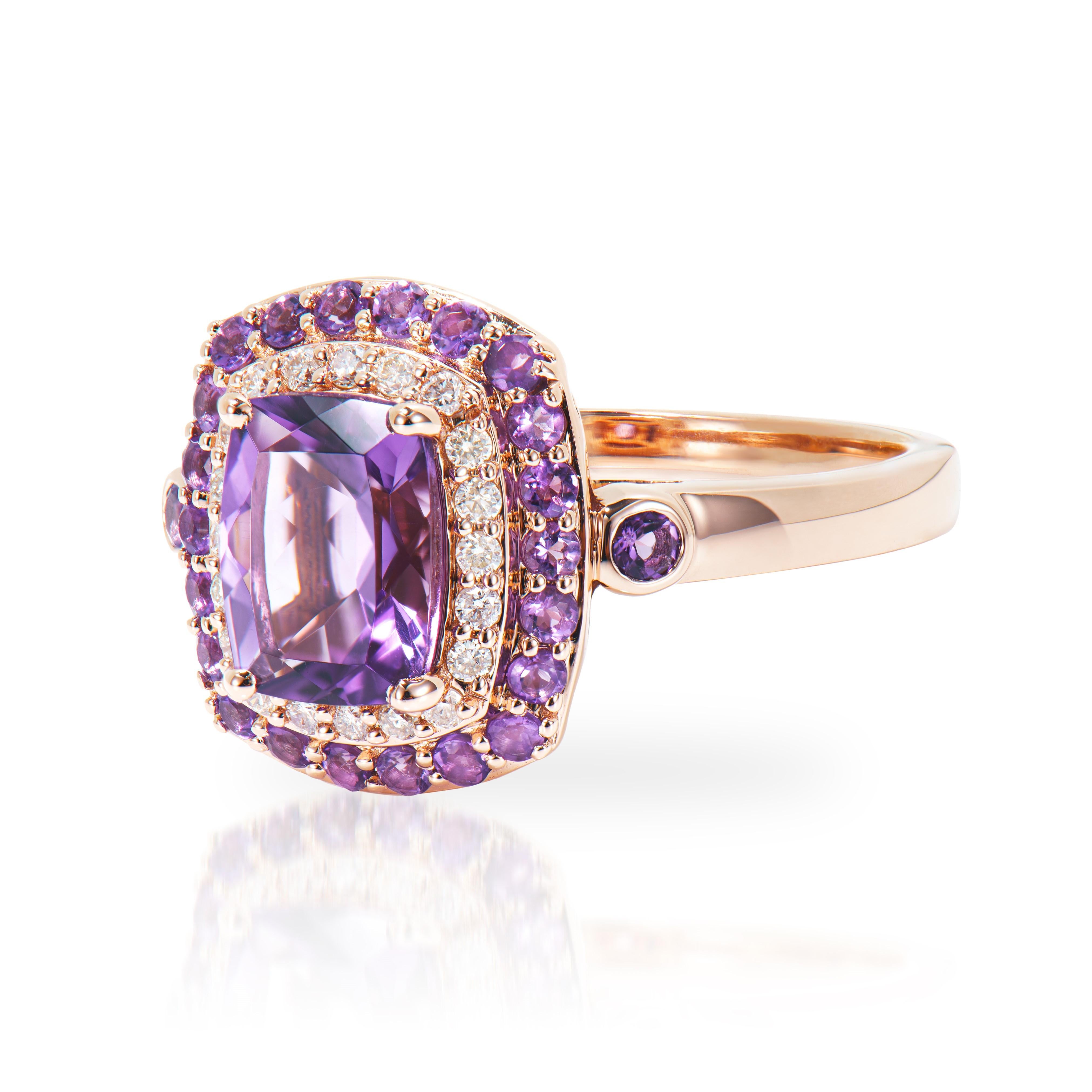 Cushion Cut 1.31 Carat Amethyst Fancy Ring in 14Karat Rose Gold with White Diamond.   For Sale