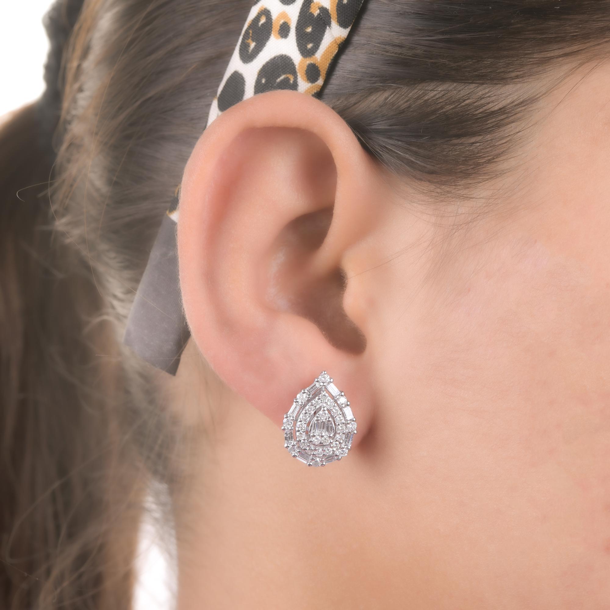 Modern 1.31 Carat Baguette Round Diamond Pear Shape Stud Earrings 18 Karat White Gold For Sale