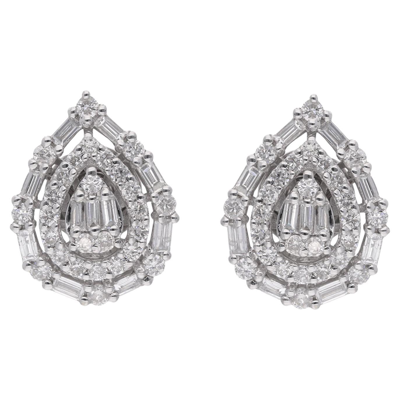 Clous d'oreilles en or blanc 18 carats avec diamants ronds et baguettes en forme de poire de 1,31 carat