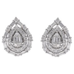 Clous d'oreilles en or blanc 18 carats avec diamants ronds et baguettes en forme de poire de 1,31 carat