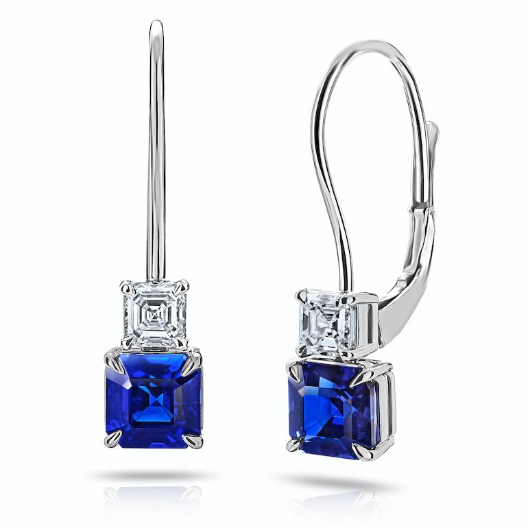 Blue asscher cut sapphire and asscher cut diamond earrings with a total sapphire weight of 1.31 carats and total diamond weight of .30 carats set on platinum lever backs

