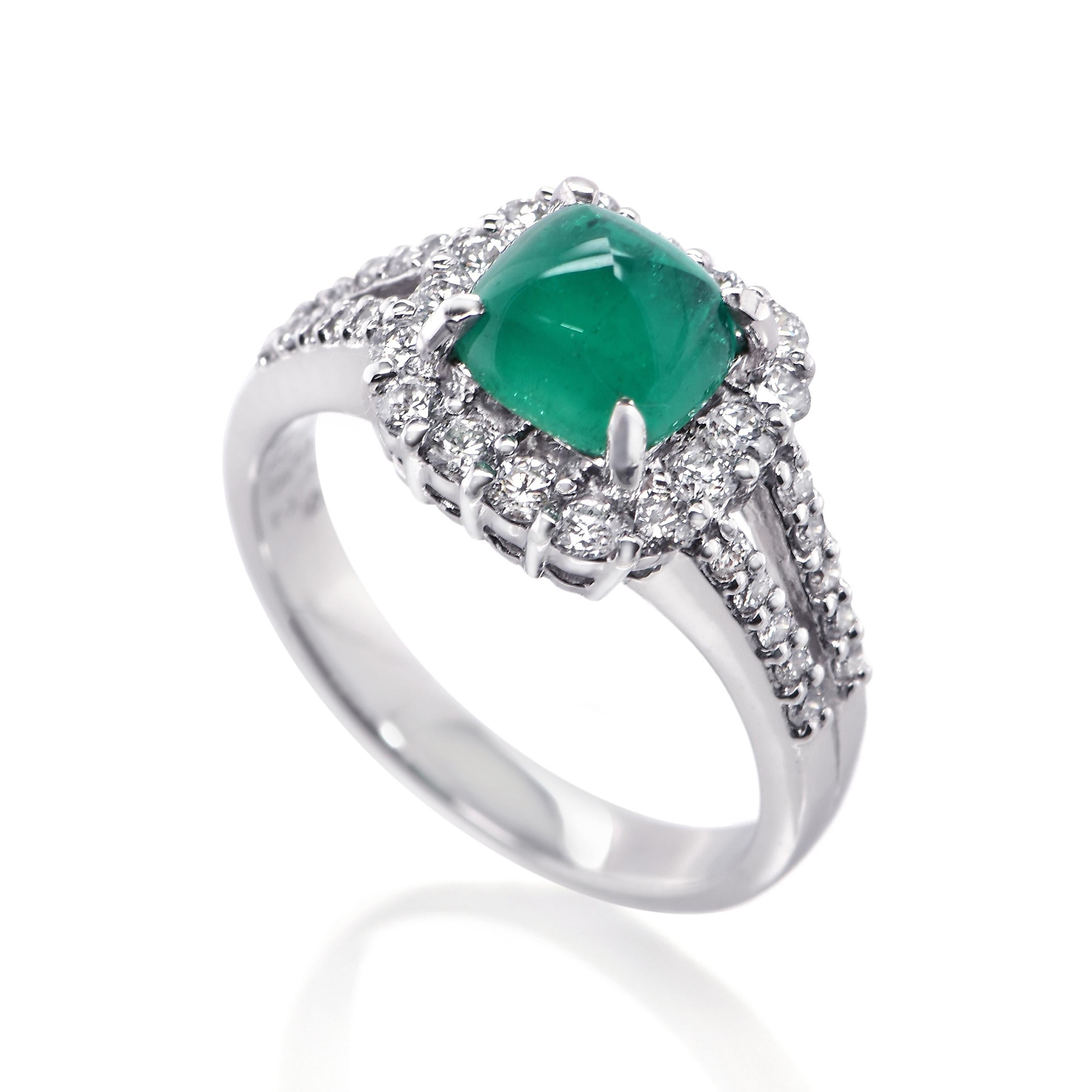 A stunning ring featuring a 1.31 Carat Natural Colombian, Sugar Loaf and 0.62 Carats of Diamond Accents set in Platinum. People have admired emerald’s green for thousands of years. Emeralds have always been associated with the lushest landscapes and