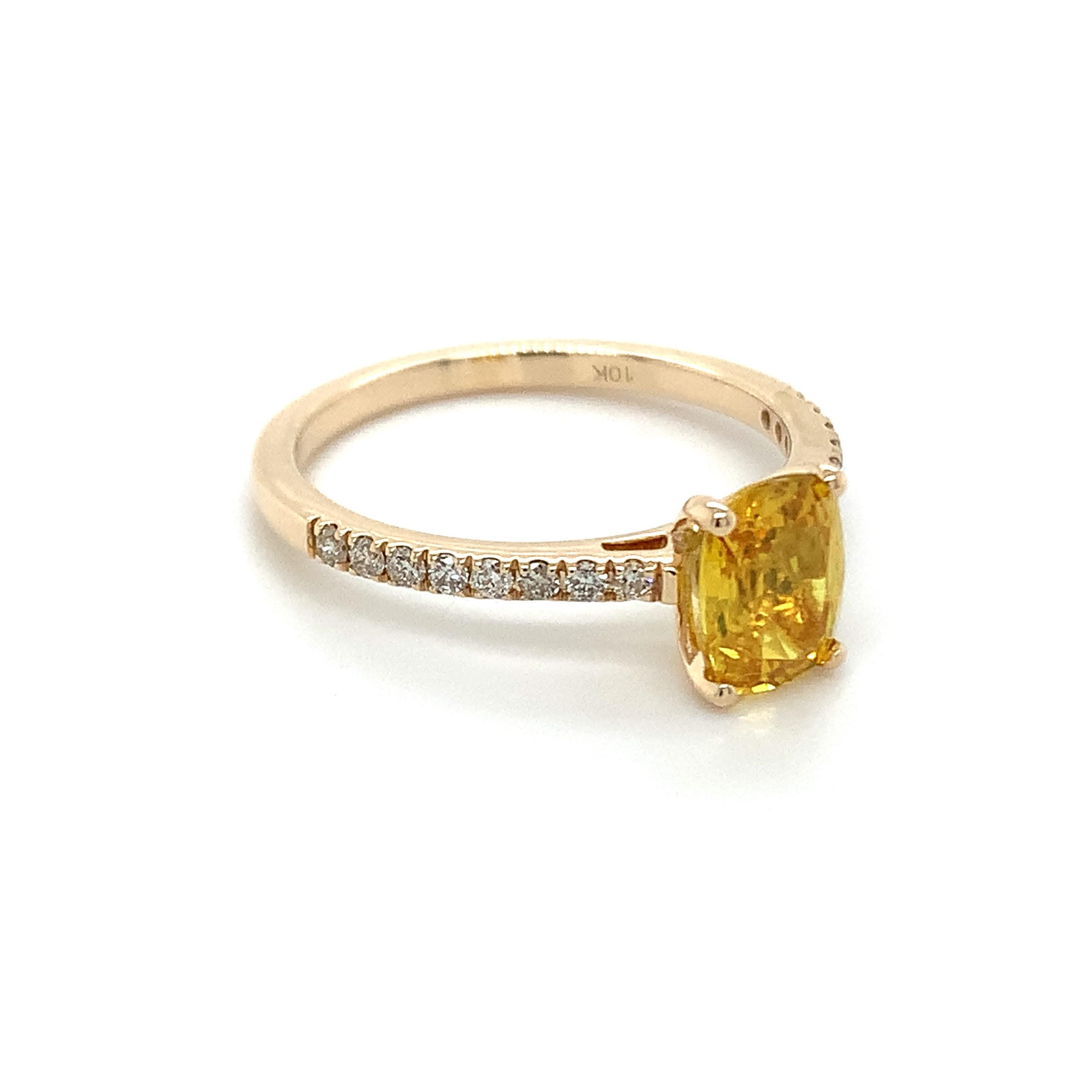 Cushion cut Yellow Sapphire gemstone beautifully crafted in a 10K yellow gold ring with natural diamonds.

A highly precious September birthstone with a delighting yellow color. They are believed to bring good luck & fortune in life. Explore a vast