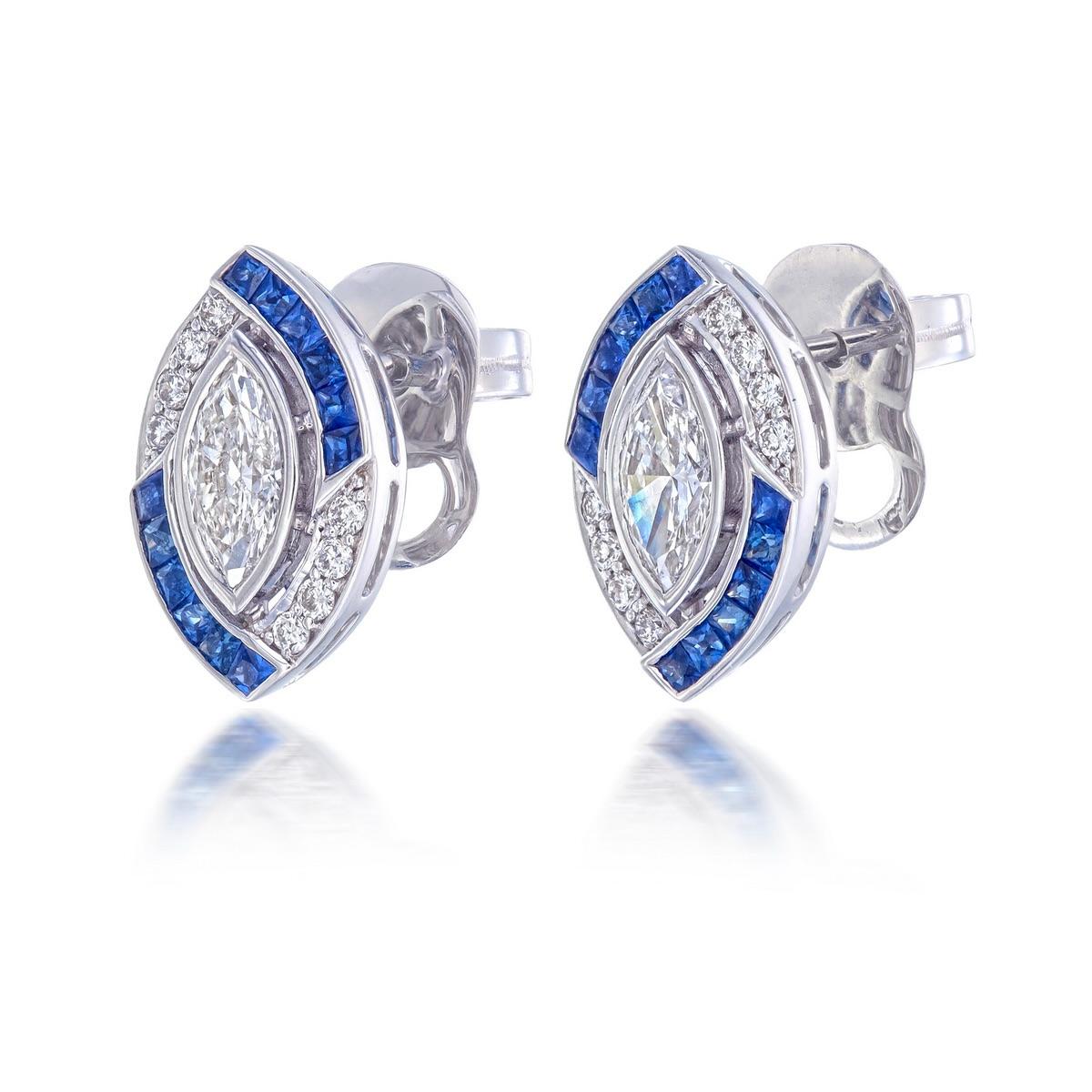 Marquise Cut 1.31 Carat Diamond and Blue Sapphire Earrings in 18k White Gold For Sale
