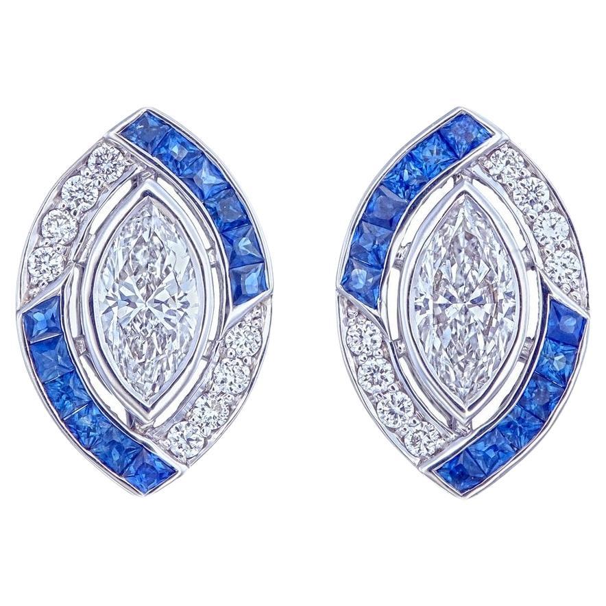 1.31 Carat Diamond and Blue Sapphire Earrings in 18k White Gold For Sale