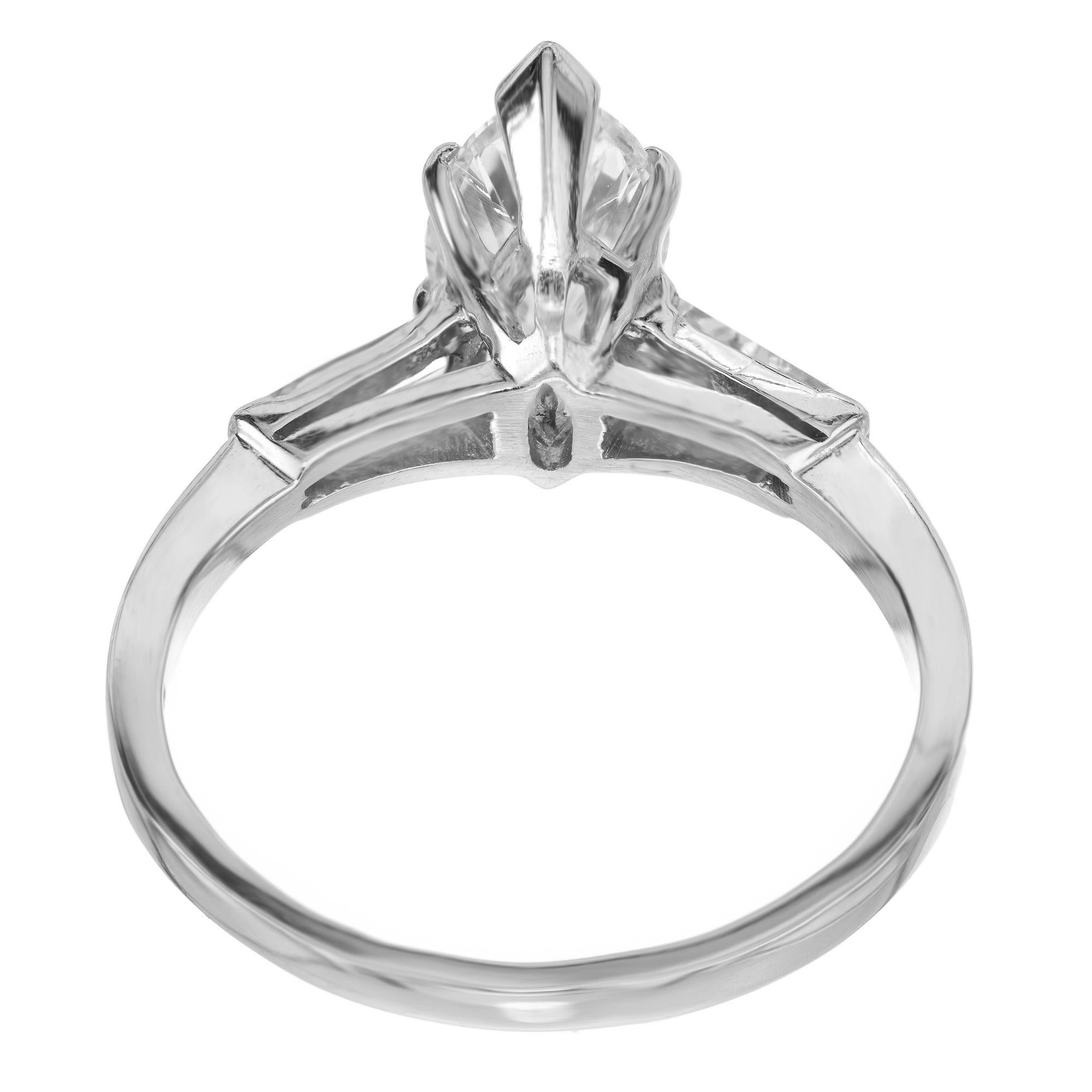 Women's 1.31 Carat Diamond Marquise Baguette Platinum Three Stone Engagement Ring For Sale