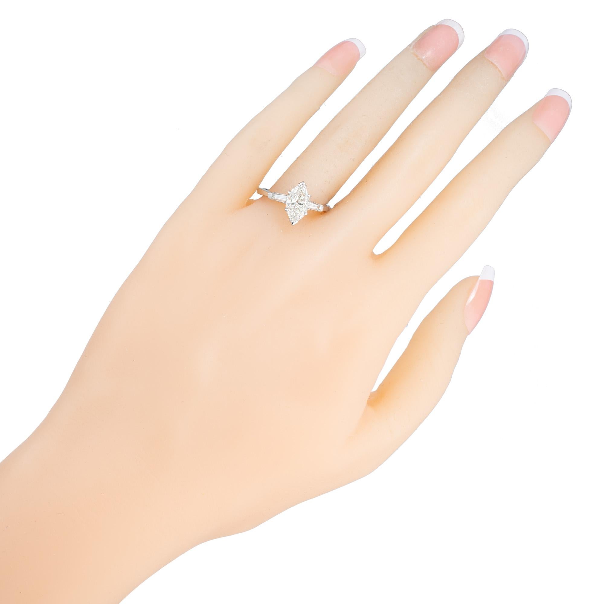 1.31 Carat Diamond Marquise Baguette Platinum Three Stone Engagement Ring For Sale 2