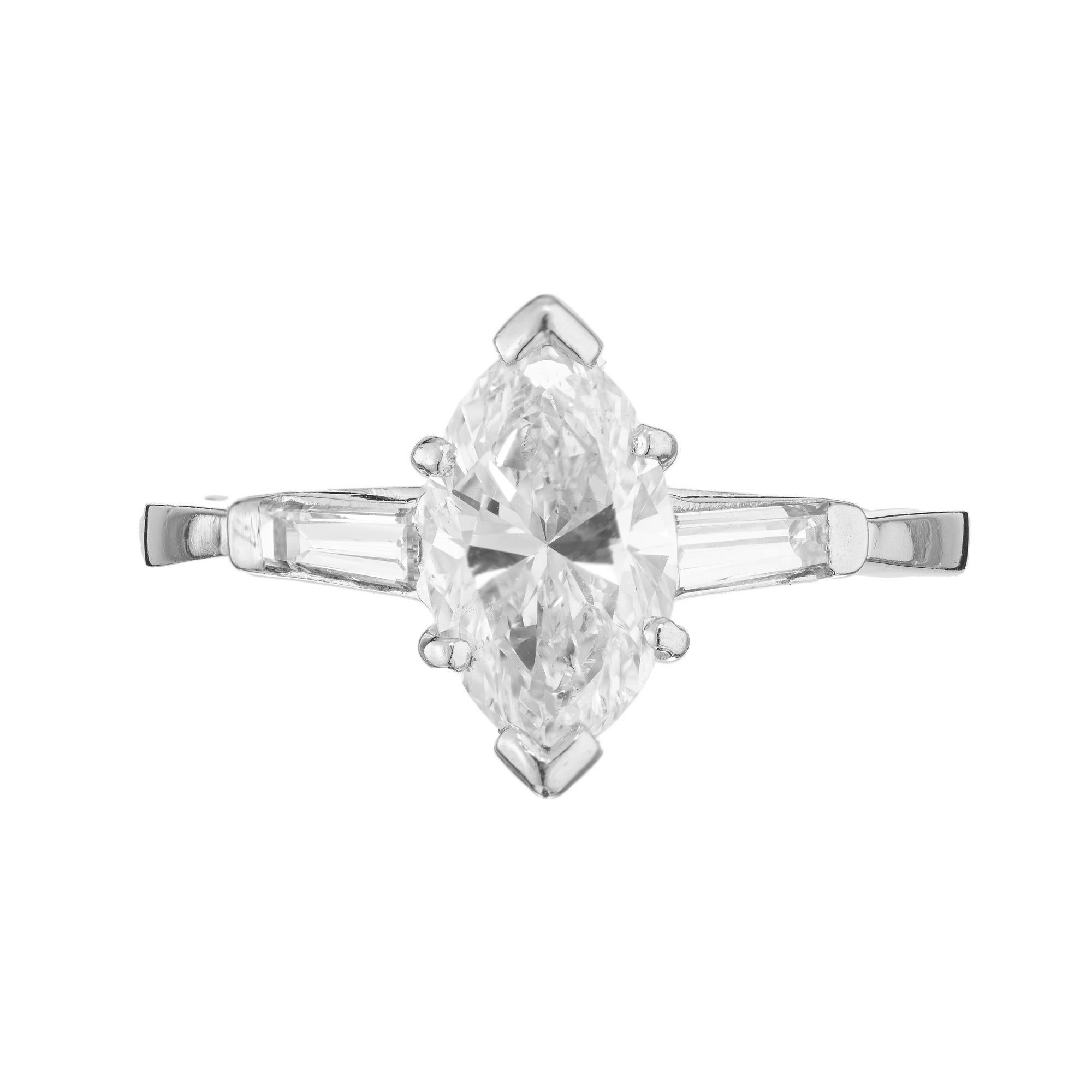 1.31 Carat Diamond Marquise Baguette Platinum Three Stone Engagement Ring For Sale 3
