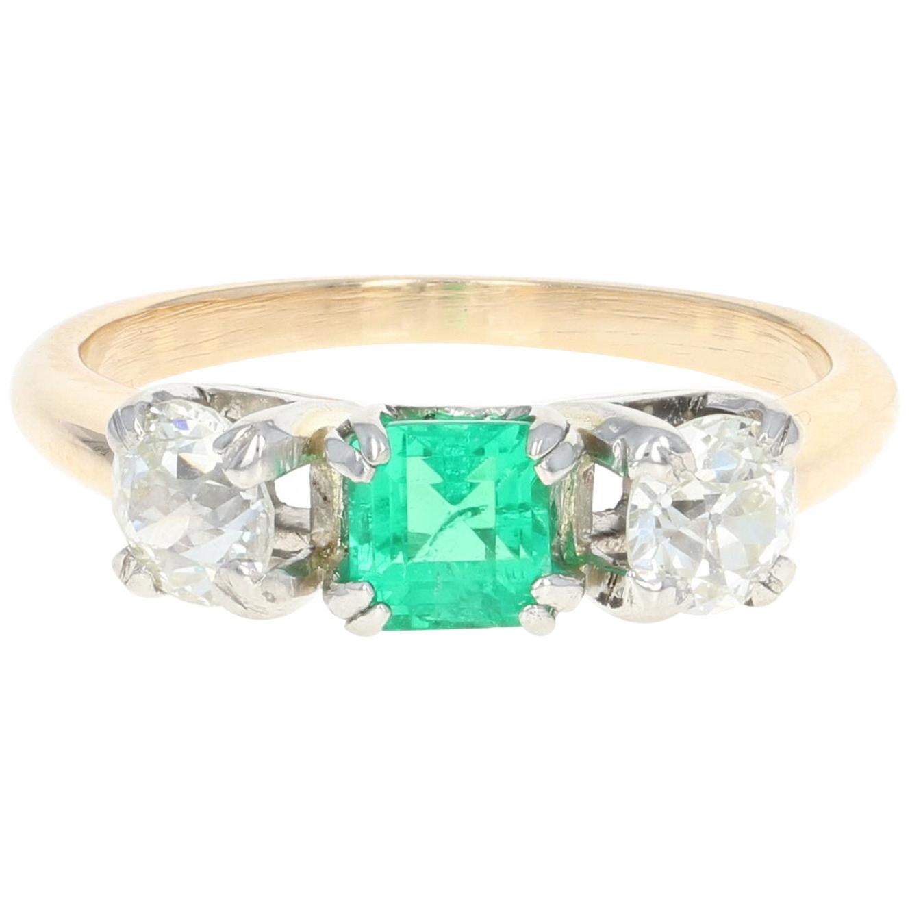 1.31 Carat Emerald and Diamond Art Deco Ring, 14 Karat Yellow Gold Vintage
