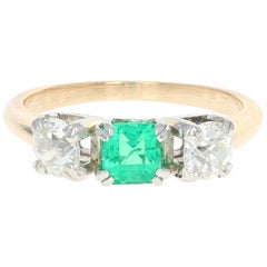 1.31 Carat Emerald and Diamond Art Deco Ring, 14 Karat Yellow Gold Vintage