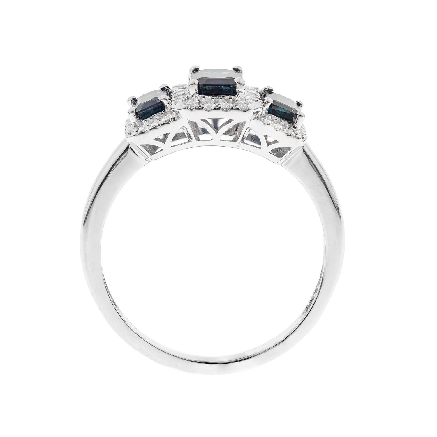 Stunning, timeless and classy eternity Unique Ring. Decorate yourself in luxury with this Gin & Grace Ring. The 14K White Gold jewelry boasts 5x3 mm (2 pcs) 0.69 carat, 6x4 mm (1 pcs) 0.62 carat Emerald-Cut Prong Setting Natural Blue Sapphire, along