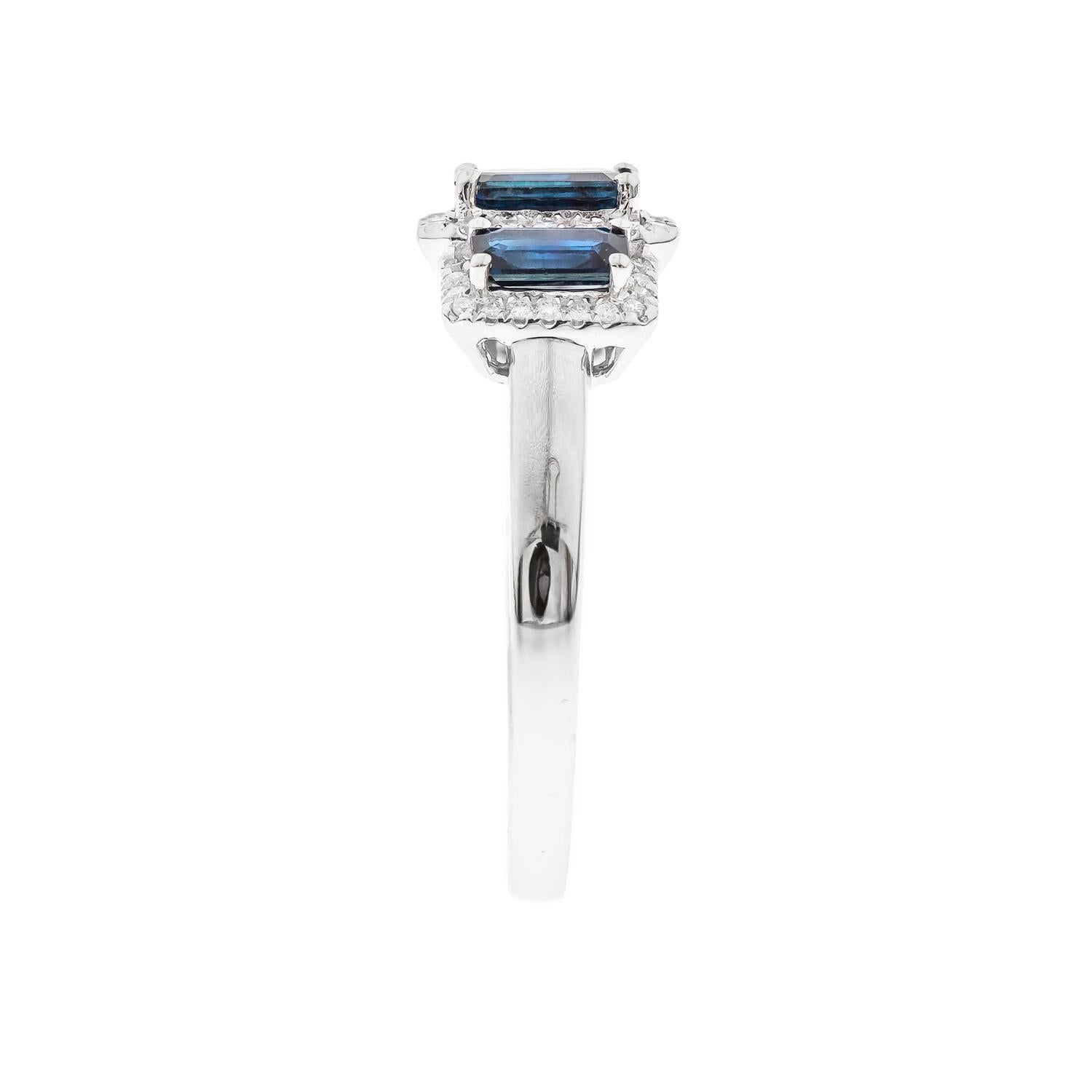 Art Deco 1.31 Carat Emerald-Cut Blue Sapphire with Diamond Accents 14K White Gold Ring For Sale