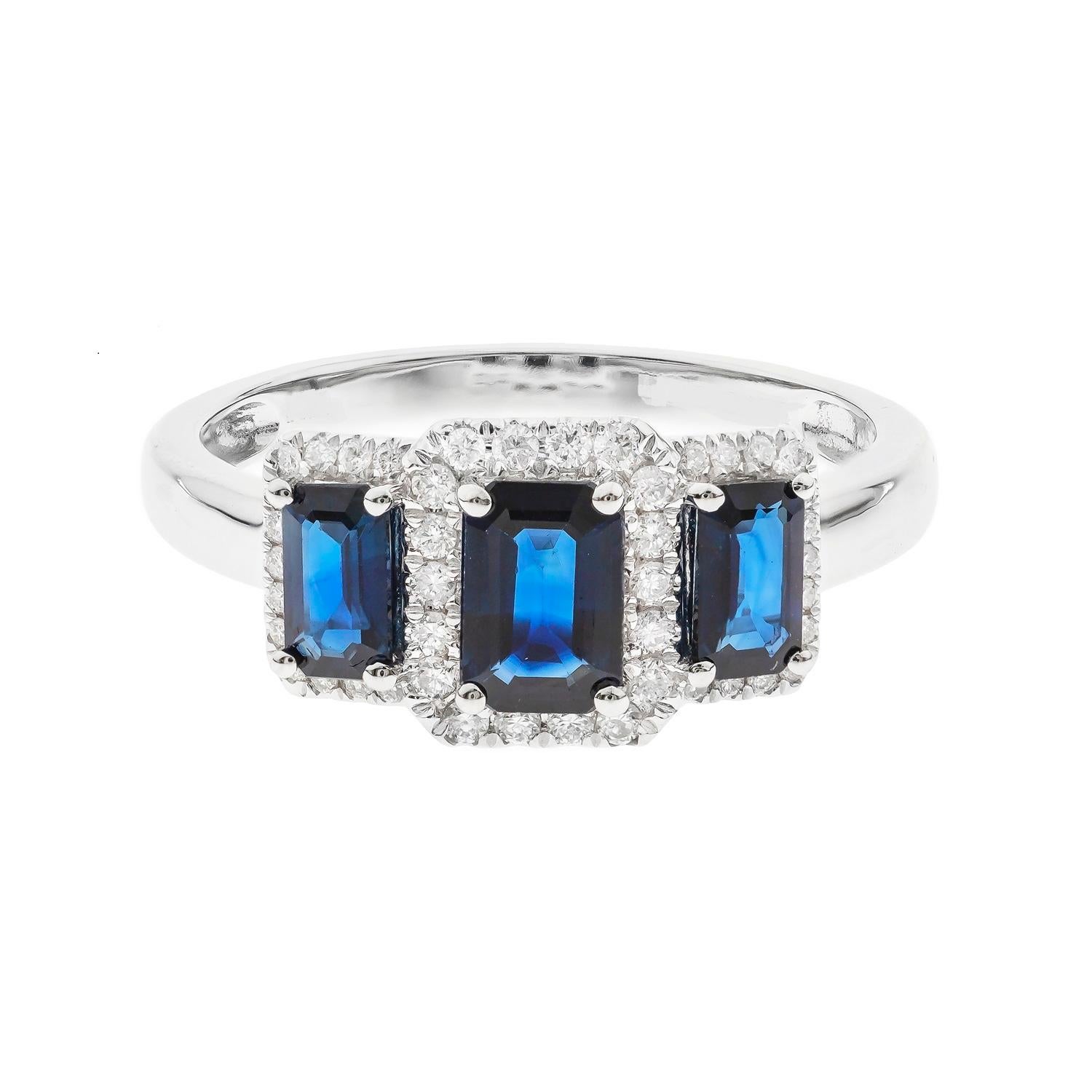 Emerald Cut 1.31 Carat Emerald-Cut Blue Sapphire with Diamond Accents 14K White Gold Ring For Sale