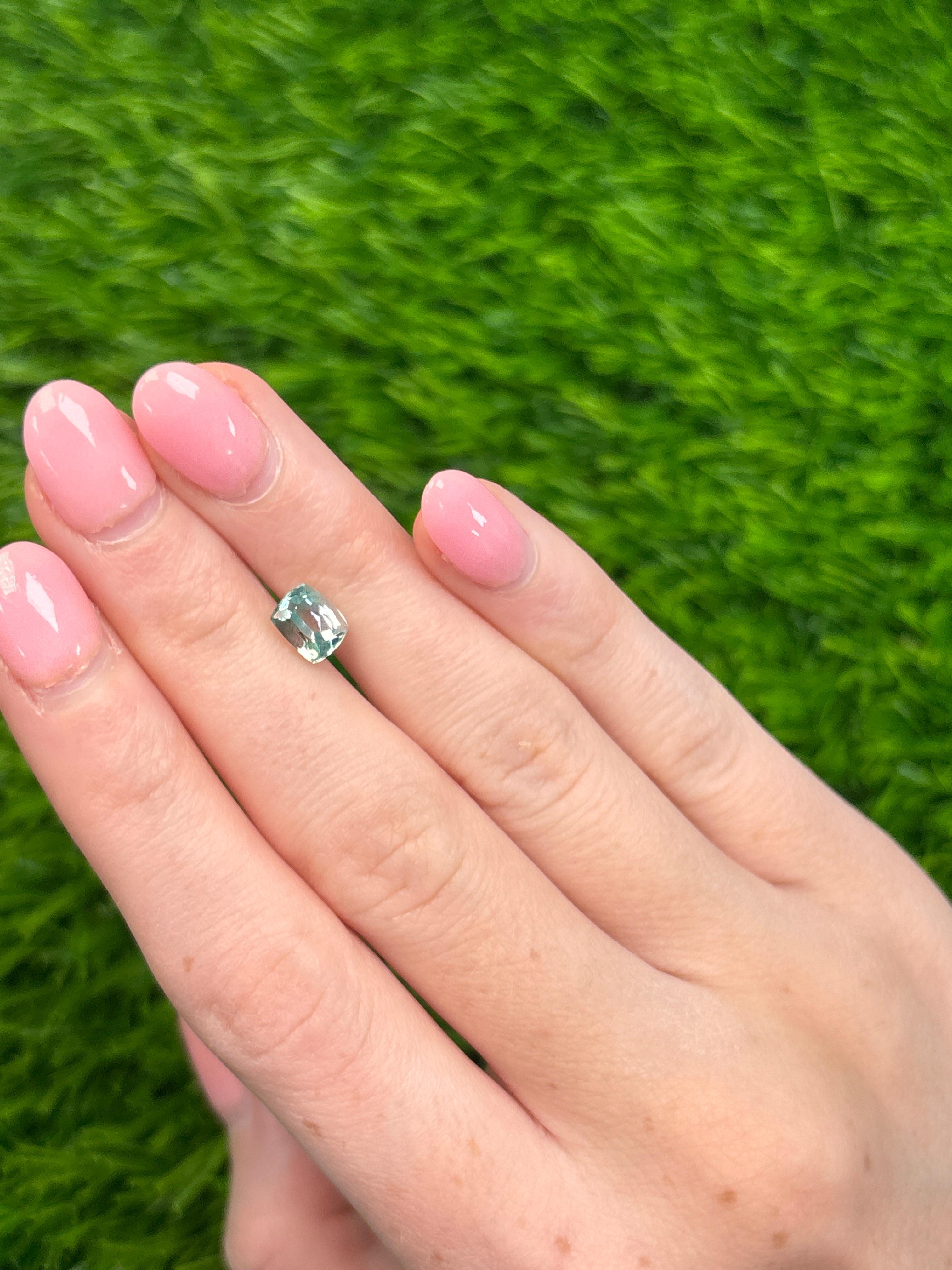 Cette élégante tourmaline naturelle bicolore de 1,31 carat présente un mélange envoûtant de tons délicats bleu aqua et clairs, créant une apparence douce et lumineuse. Taillée de manière experte dans une forme d'émeraude classique (5,6 x 6,6 mm), la