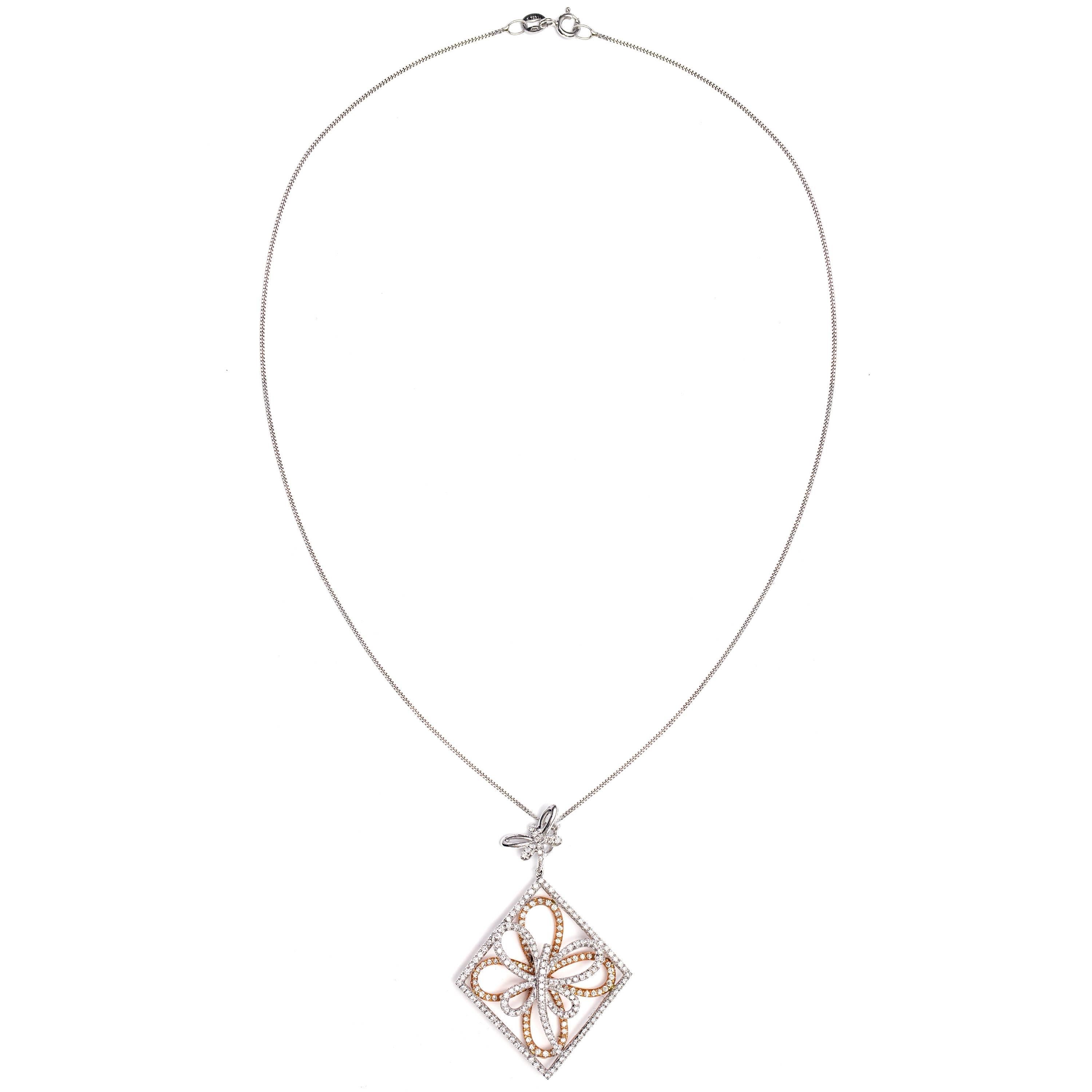 Modern 1.31 Carat Fancy Butterfly Shape 18 Karat Rose White Gold Chain Necklace Pendant For Sale