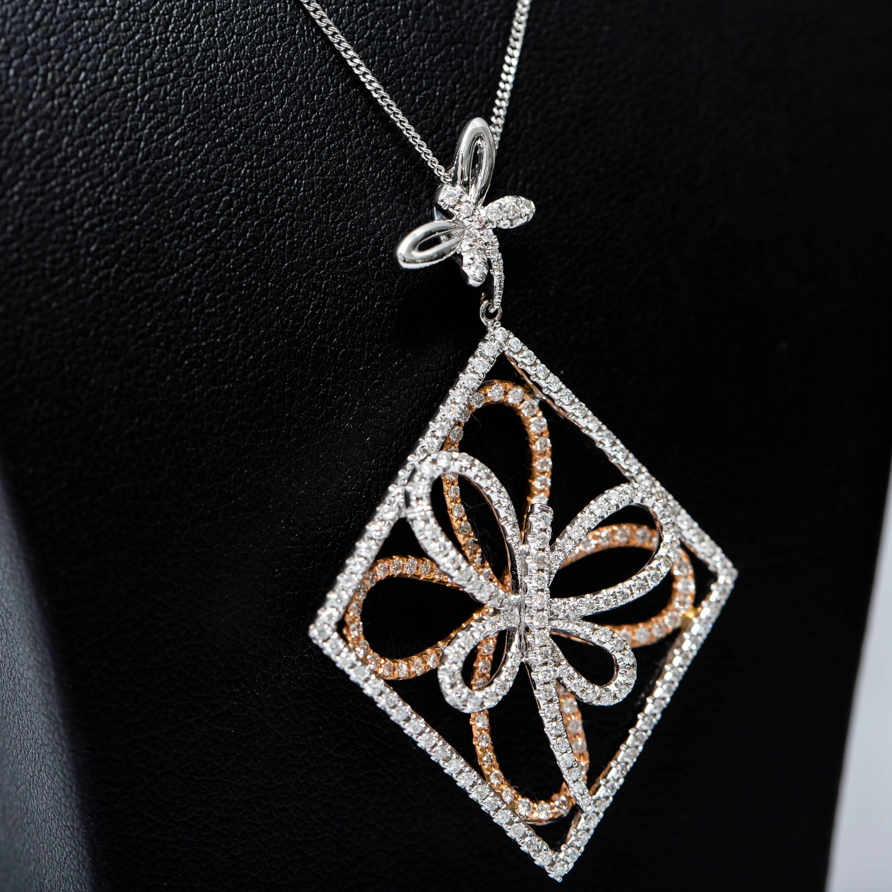 Round Cut 1.31 Carat Fancy Butterfly Shape 18 Karat Rose White Gold Chain Necklace Pendant For Sale