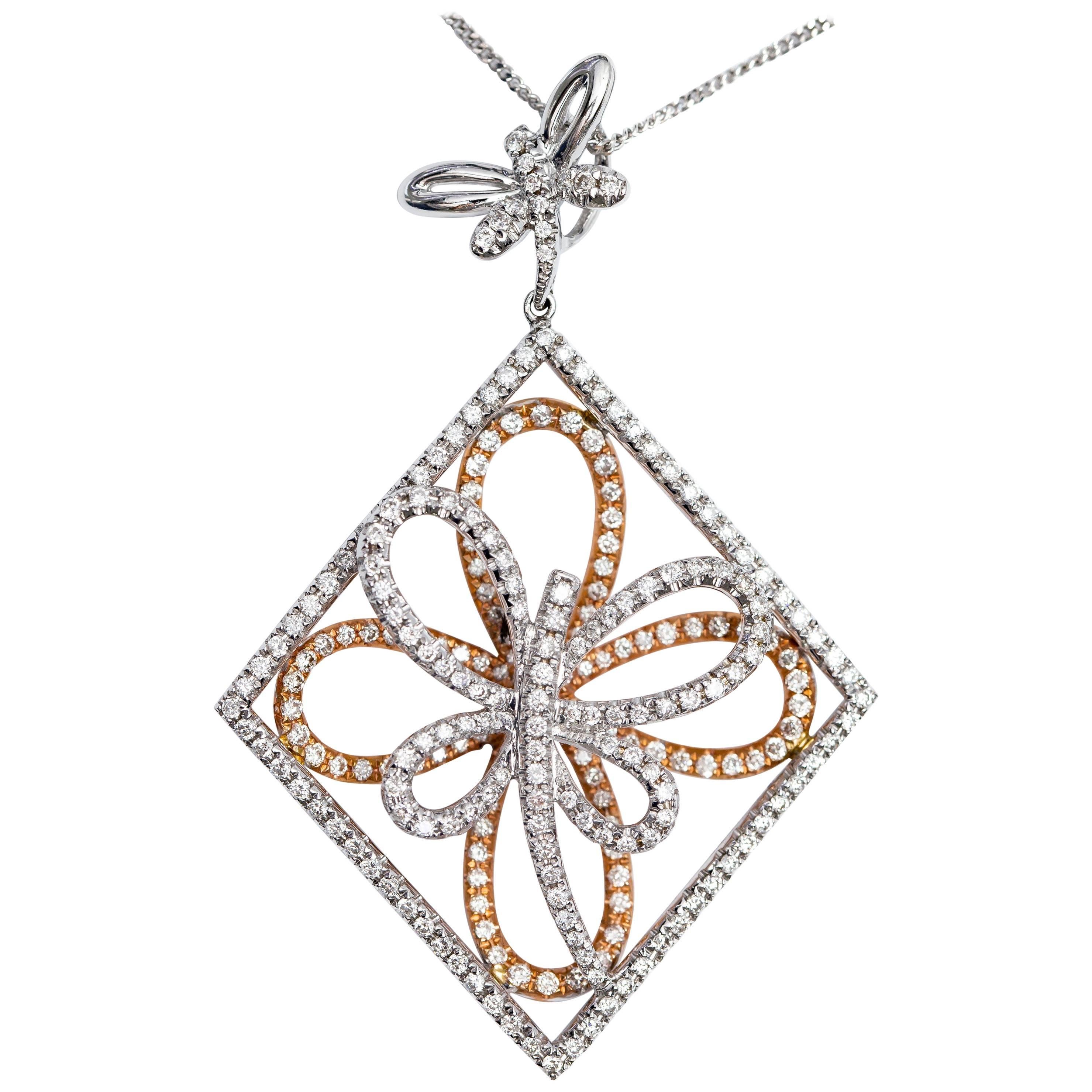Chaîne collier pendentif en forme de papillon fantaisie en or blanc rose 18 carats de 1,31 carat
