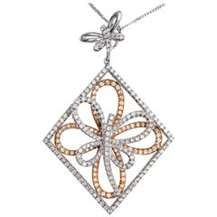 Chaîne collier pendentif en forme de papillon fantaisie en or blanc rose 18 carats de 1,31 carat