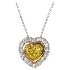 1.31 Carat Fancy Yellow Heart Diamond Halo Gold Platinum Pendant Necklace