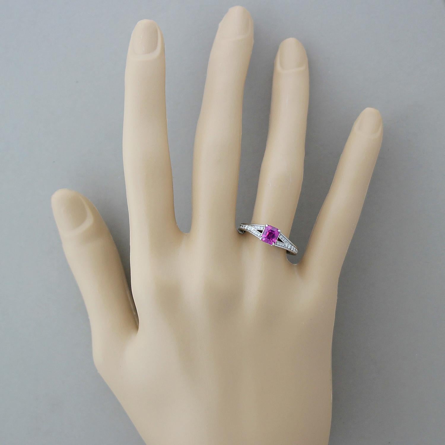 1.31 Carat GIA Certified Gem Pink Sapphire Diamond Platinum Ring For Sale 2