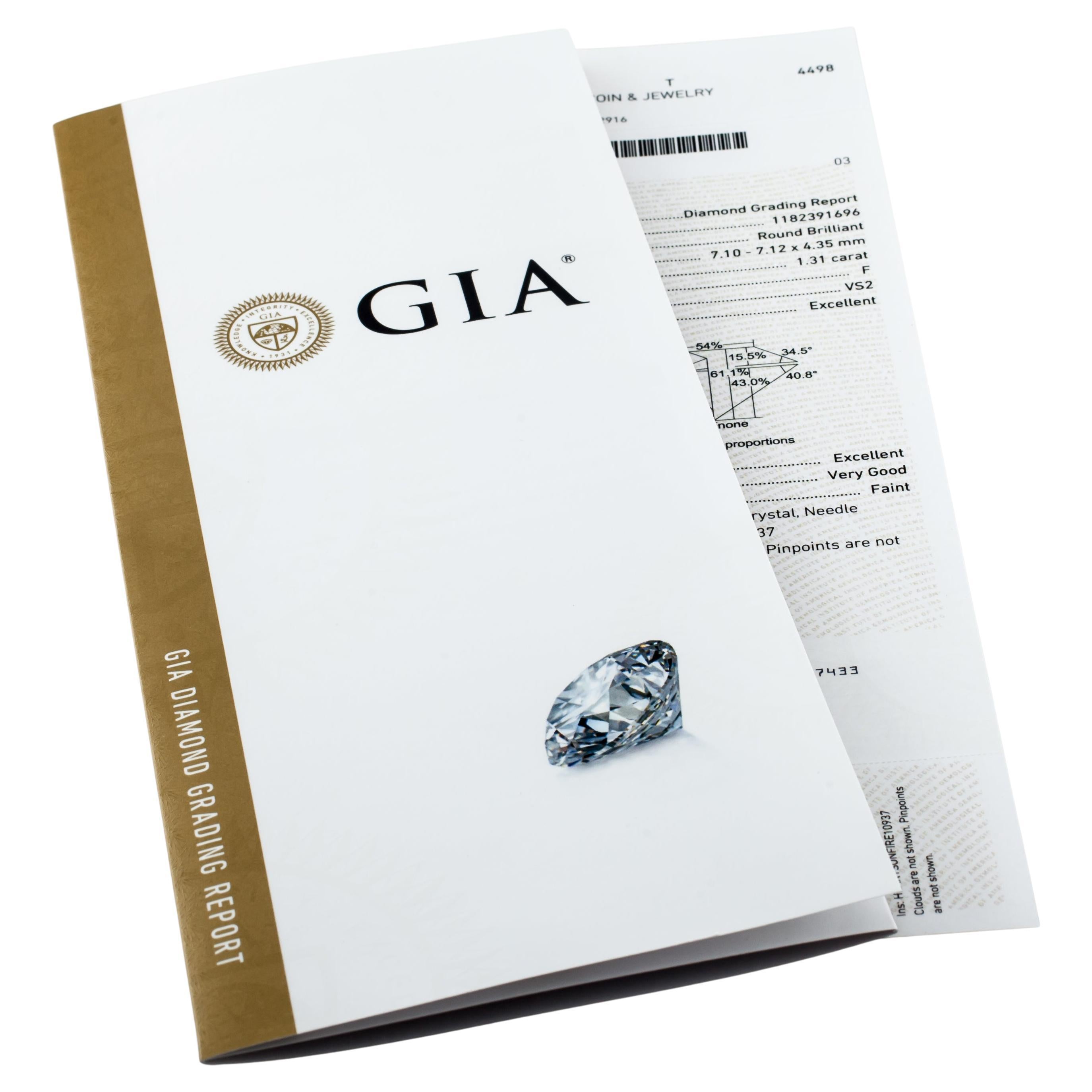 Diamond General Info
GIA Report Number: 1182391696
Diamond Cut: Round Brilliant 
Measurements: 7.12  x  7.10  -  4.35

Diamond Grading Results
Carat Weight: 1.31
Color Grade: F
Clarity Grade: VS2

Additional Grading Information 
Polish: