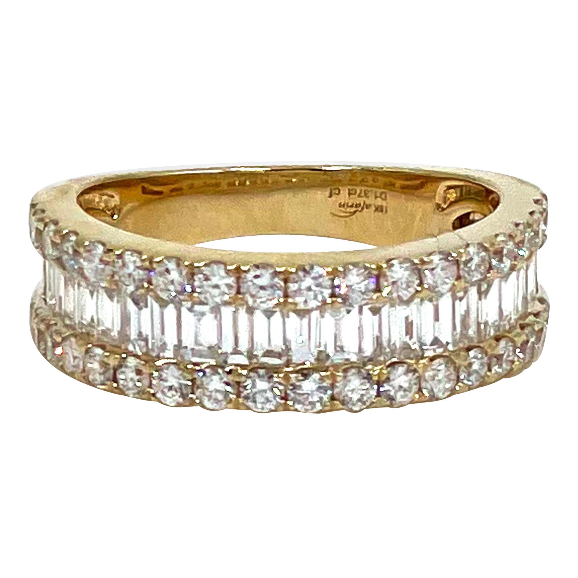 1.31 Carat Multi Row Round and Baguette Diamond Ring in 18K Yellow Gold
