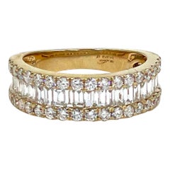 1.31 Carat Multi Row Round and Baguette Diamond Ring in 18K Yellow Gold