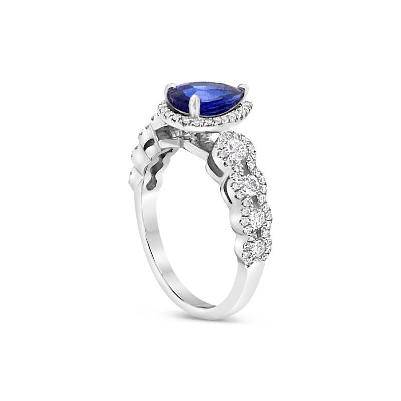 Pear Cut 1.31 Carat Pear Shape Blue Sapphire Cocktail Ring with Diamond Halo For Sale
