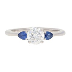 1.31 Carat Round Brilliant Diamond and Sapphire Engagement Ring, Platinum GIA