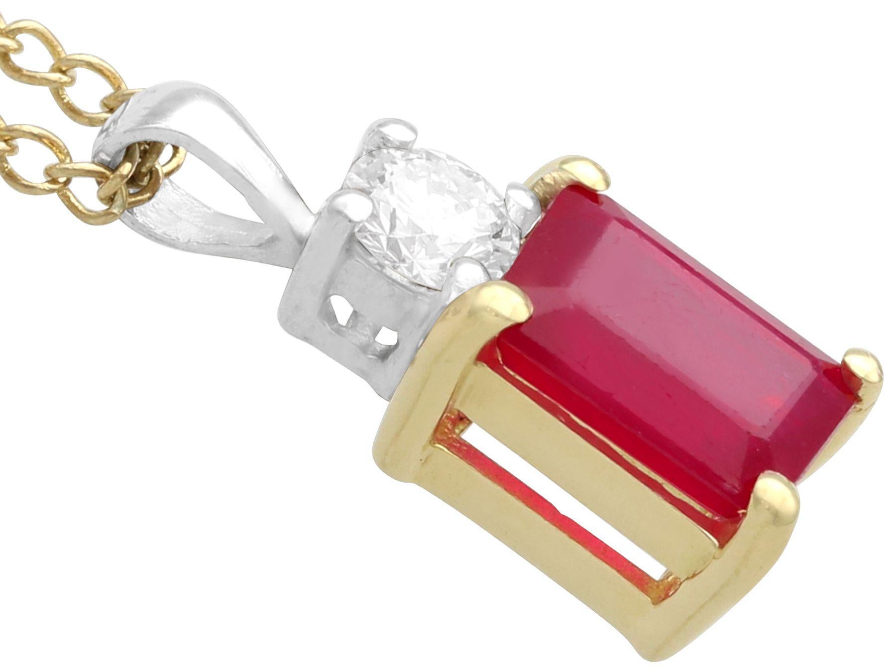 Square Cut 1.31 Carat Ruby and 0.19 Carat Diamond Yellow Gold Pendant For Sale
