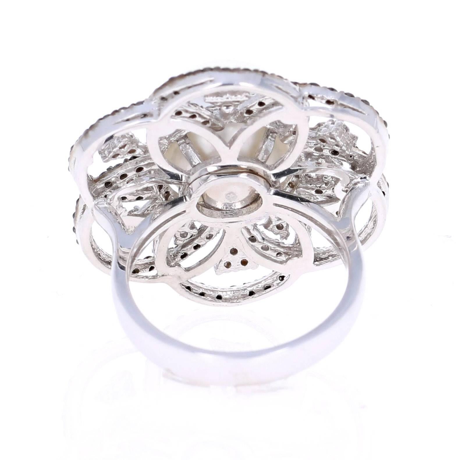 Round Cut 1.31 Carat South Sea Pearl Black Diamond Cocktail Ring in 14 Karat White Gold For Sale