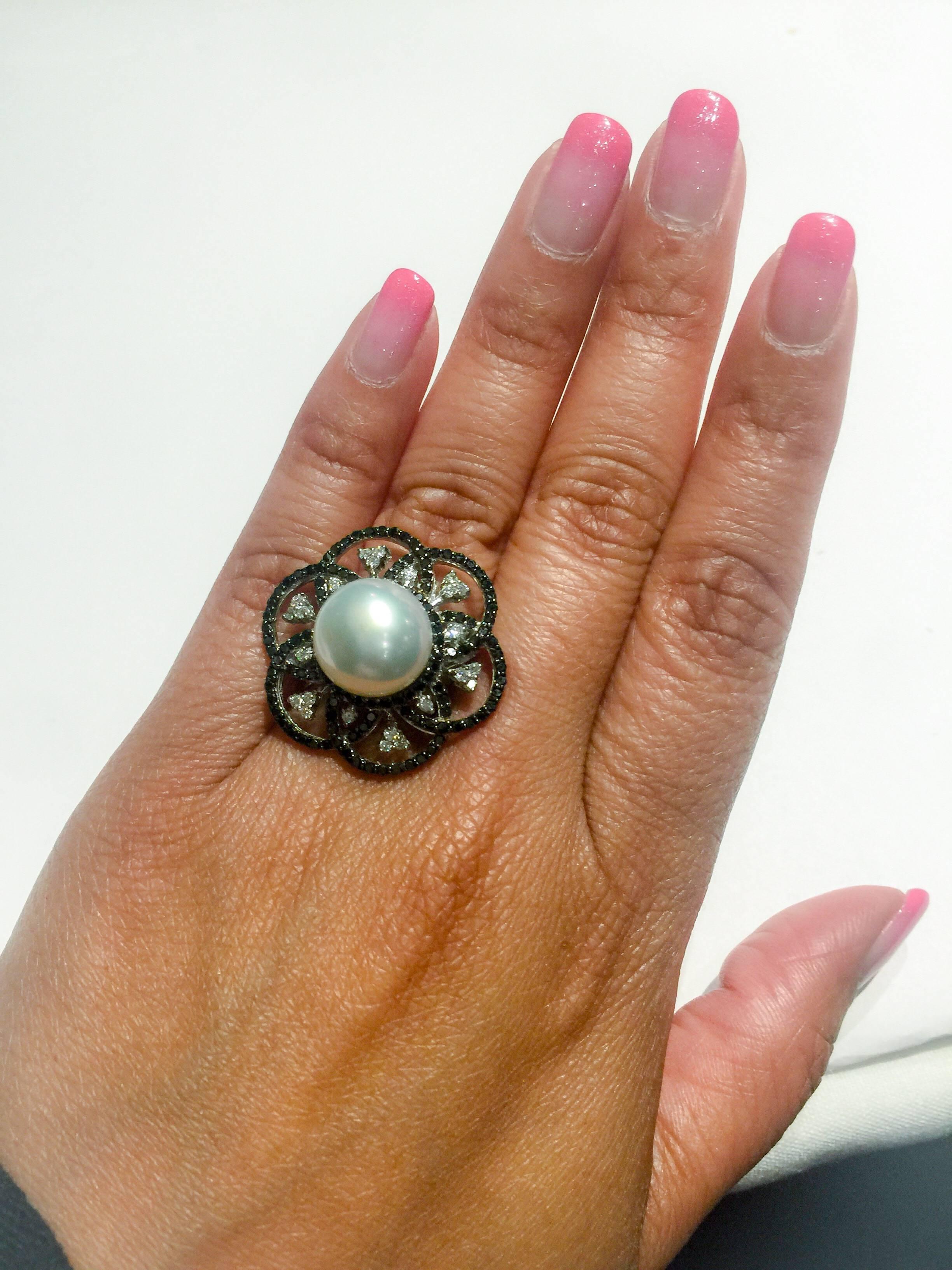 Women's 1.31 Carat South Sea Pearl Black Diamond Cocktail Ring in 14 Karat White Gold For Sale