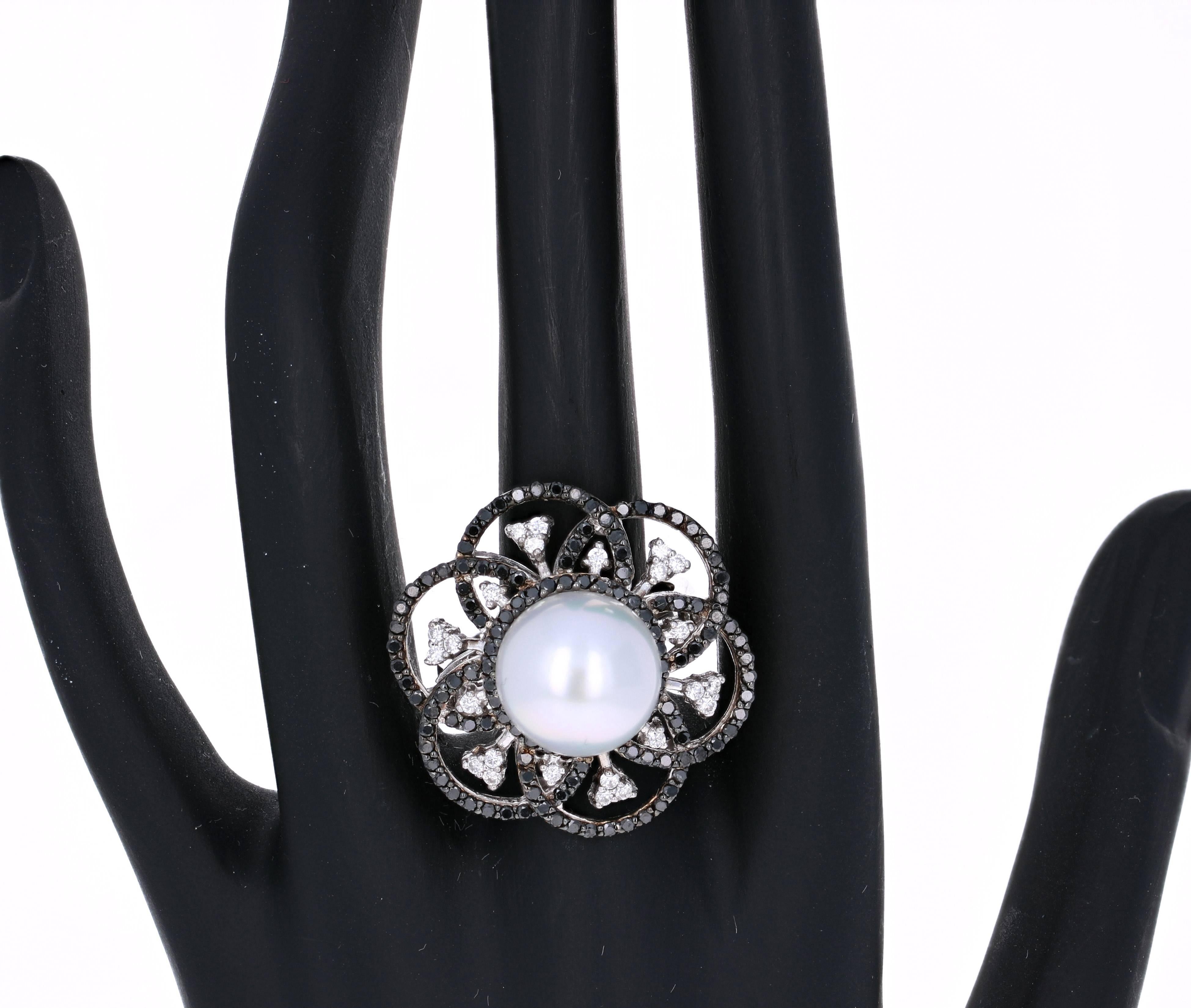 1.31 Carat South Sea Pearl Black Diamond Cocktail Ring in 14 Karat White Gold For Sale 2