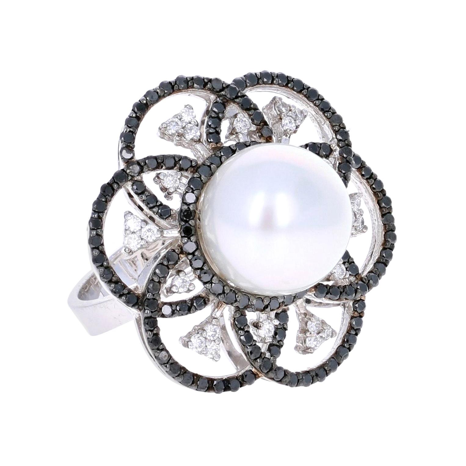 1.31 Carat South Sea Pearl Black Diamond Cocktail Ring in 14 Karat White Gold For Sale