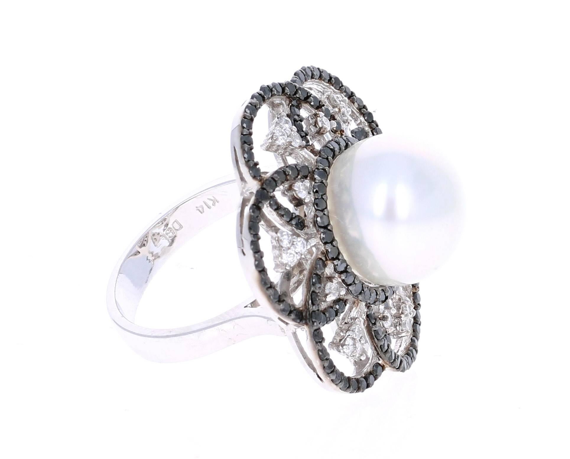 Contemporary 1.31 Carat South Sea Pearl Black Diamond Cocktail Ring in 14 Karat White Gold For Sale