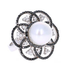 1.31 Carat South Sea Pearl Black Diamond Cocktail Ring in 14K White Gold