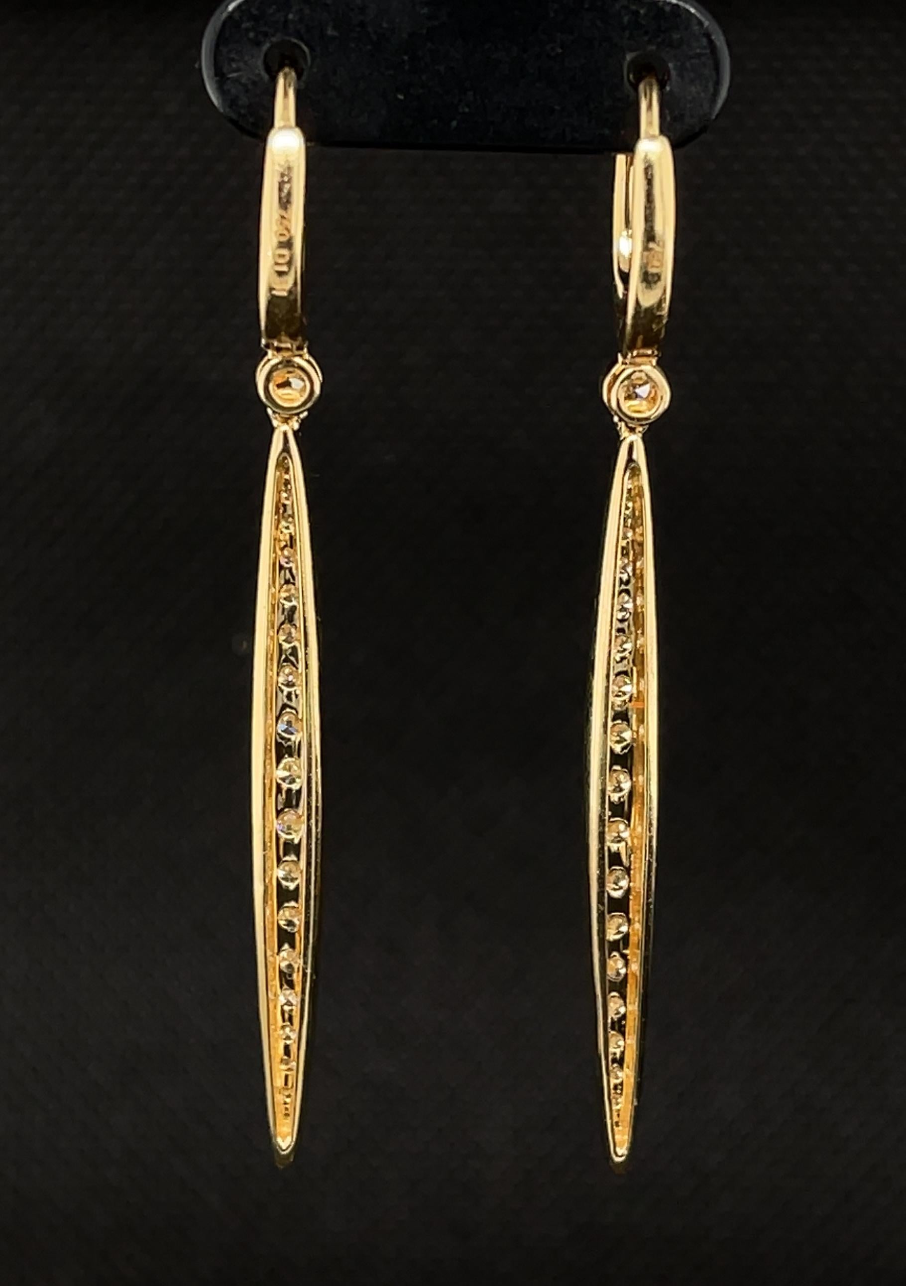 Artisan Diamond Pave Linear Dangling Earrings in Yellow Gold, 1.31 Carats Total  For Sale