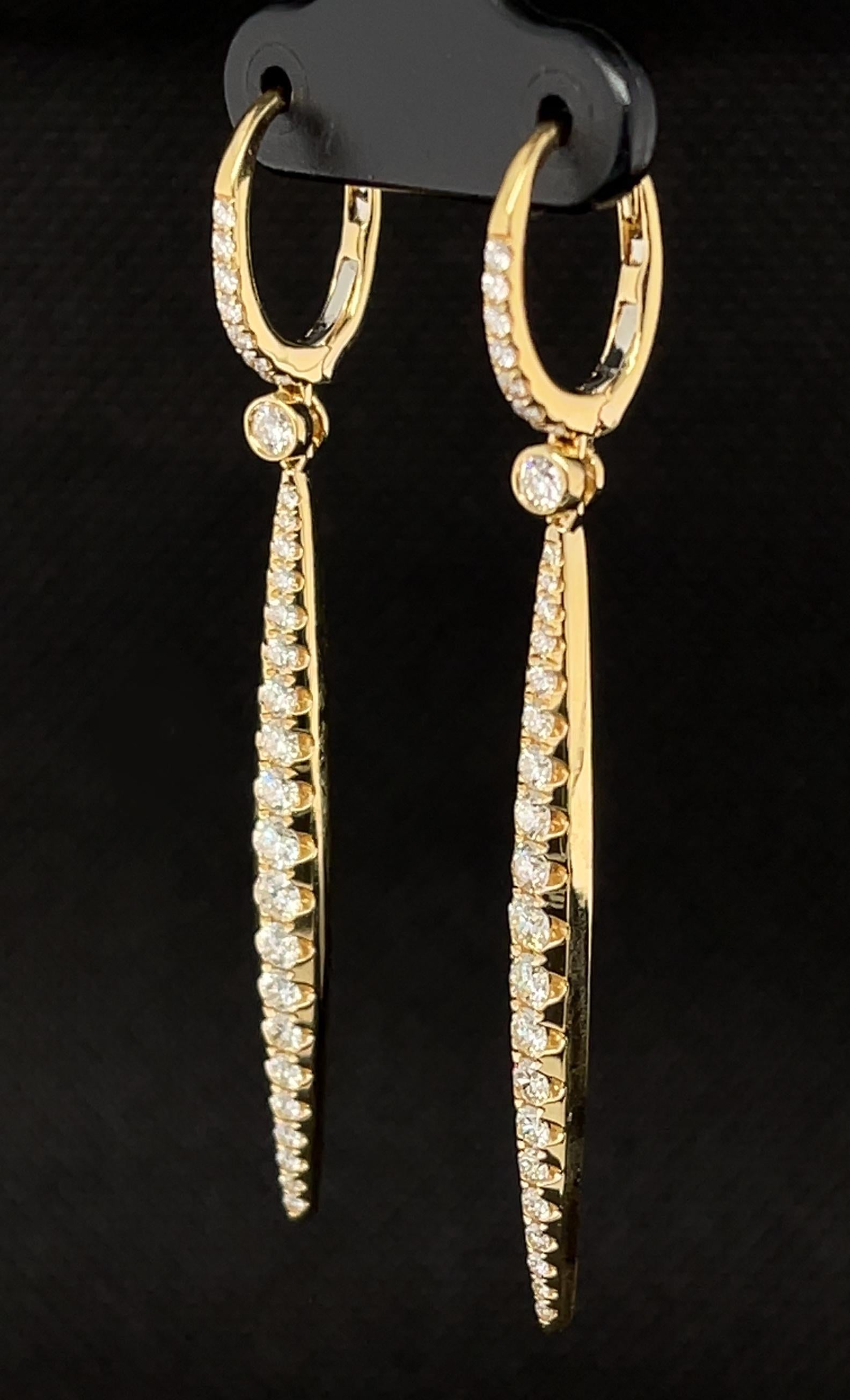 Round Cut Diamond Pave Linear Dangling Earrings in Yellow Gold, 1.31 Carats Total  For Sale