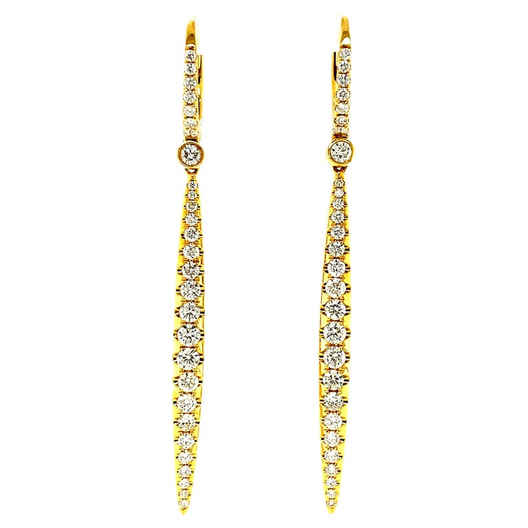 1.31 Carat Total Diamond Pave Yellow Gold Linear Dangling Drop Earrings