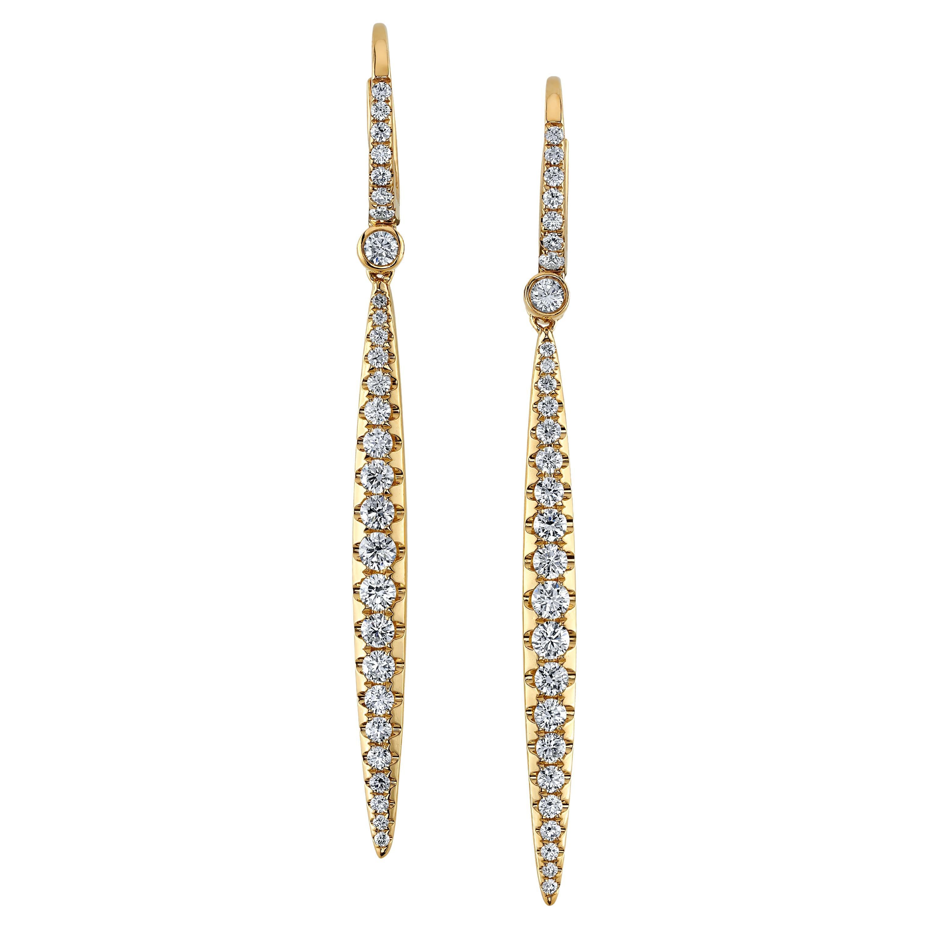 Diamond Pave Linear Dangling Earrings in Yellow Gold, 1.31 Carats Total 