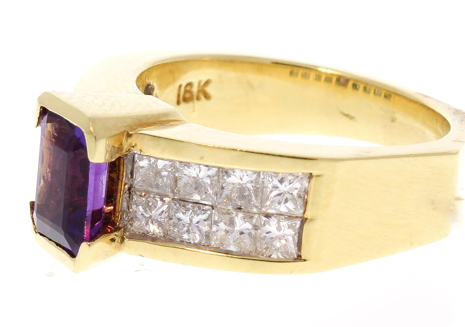 Contemporary 1.31 Carat Total Emerald Cut Amethyst and Princess Cut Diamond Cocktail Ring
