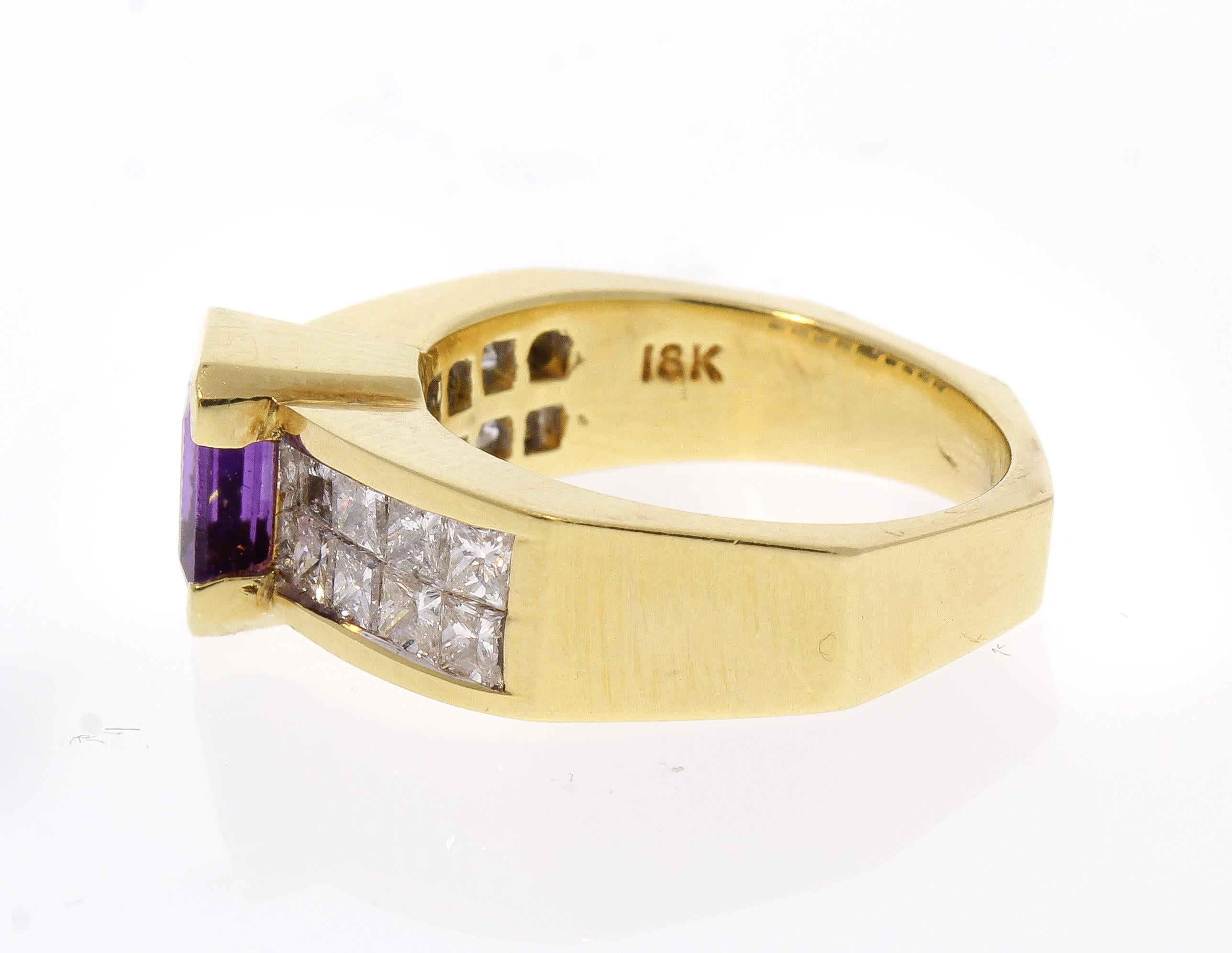1.31 Carat Total Emerald Cut Amethyst and Princess Cut Diamond Cocktail Ring In New Condition In Chicago, IL
