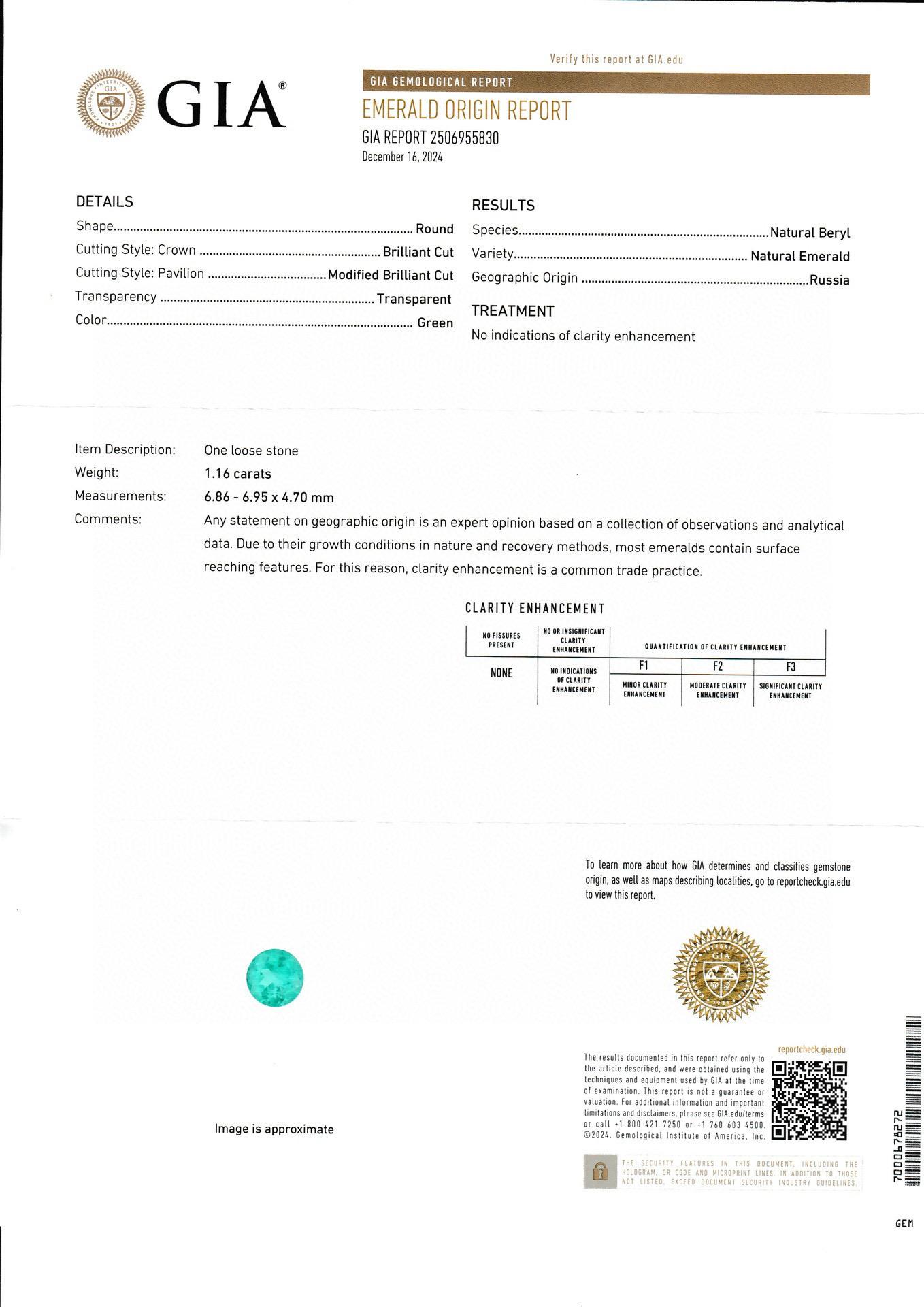 GIA certificate No Oil Emerald 1.16 carats Rare Ural Russia Origin For Sale 3