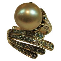 1.31 Carats Diamonds Yellow Gold Golden Pearl Cocktail Ring, Italy Handmade