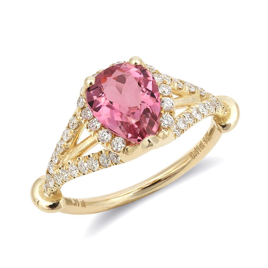 This meticulously handcrafted ring is a true masterpiece, featuring a pear-shaped rose Pink Tourmaline with a weight of 1.31 carats. The choice of 14K yellow gold for the setting adds a warm and luxurious touch that complements the gem beautifully.