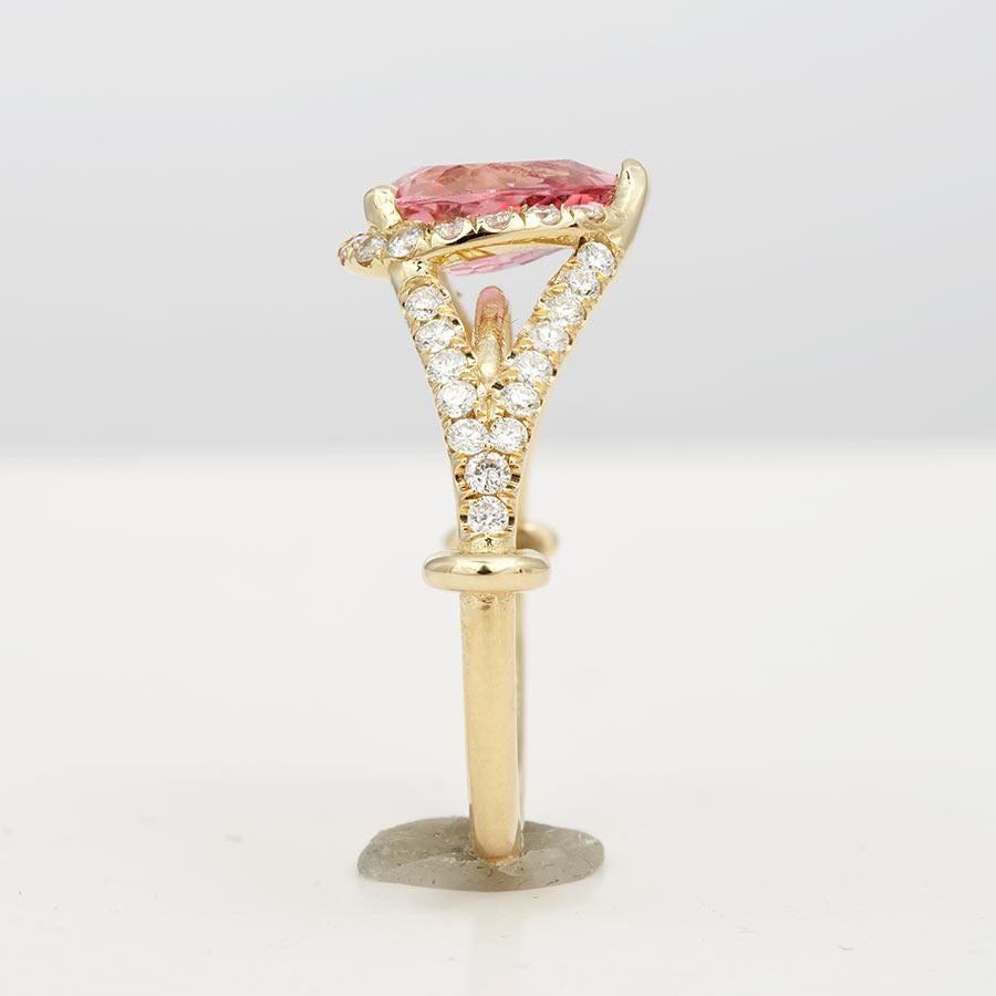 Natural Pink Tourmaline Stone 1.31 carats set in 14K Yellow Gold Ring w Diamonds For Sale 1