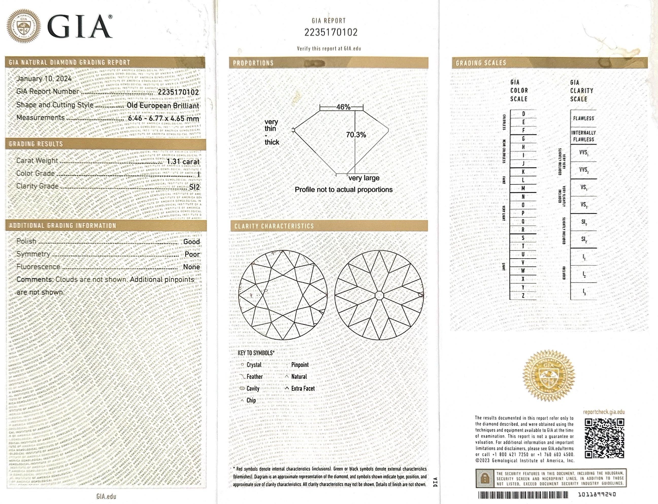 Donna 1,31 Ct. Anello a 3 pietre con diamante vecchio taglio europeo GIA di Bespoke by Platt in vendita