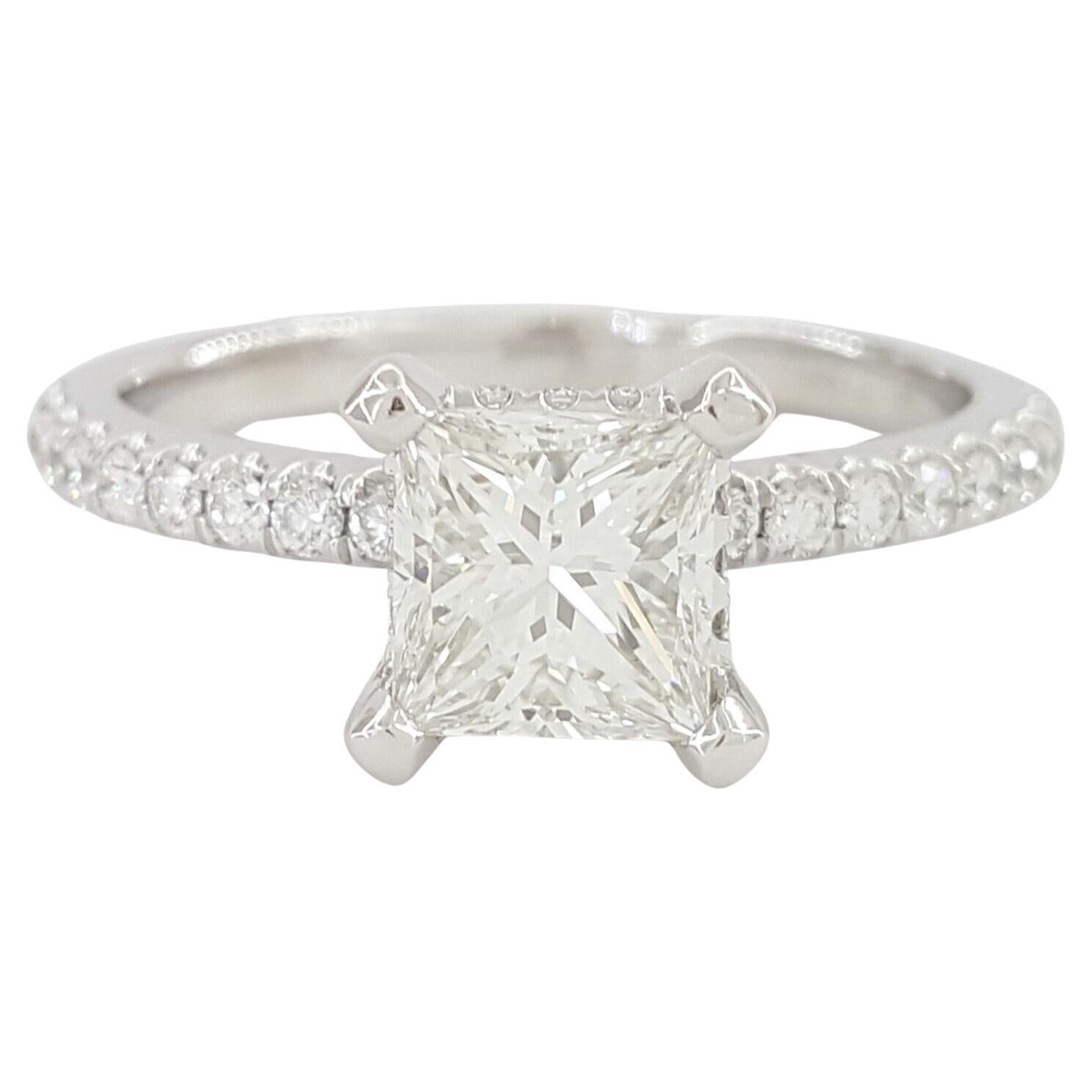 1.01 ct Platinum Ideal Princess Cut Diamond Pave Hidden Halo Engagement Ring For Sale
