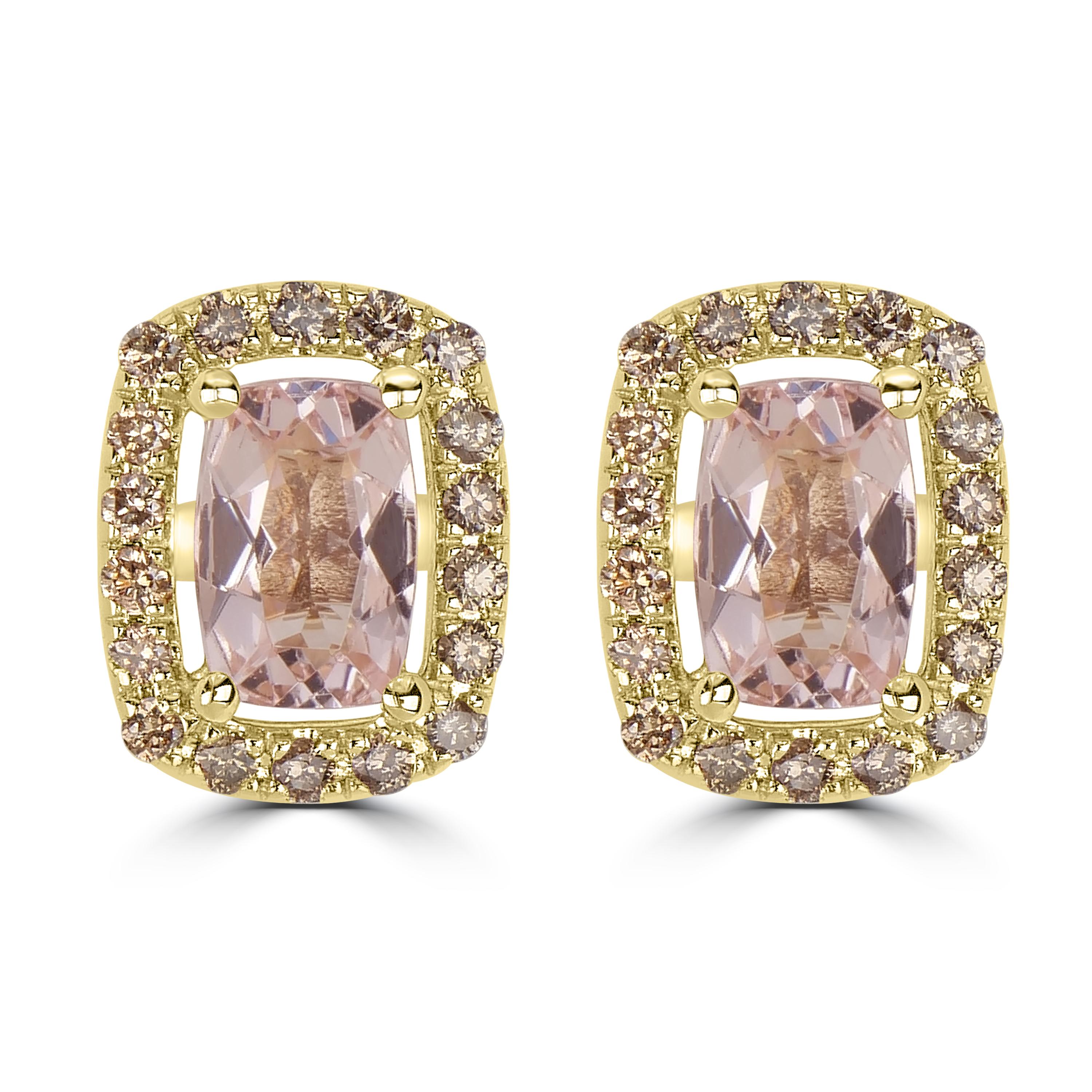 Contemporain Clous d'oreilles en or jaune 14 carats avec morganite rose naturelle et diamants de 1,31 carat en vente