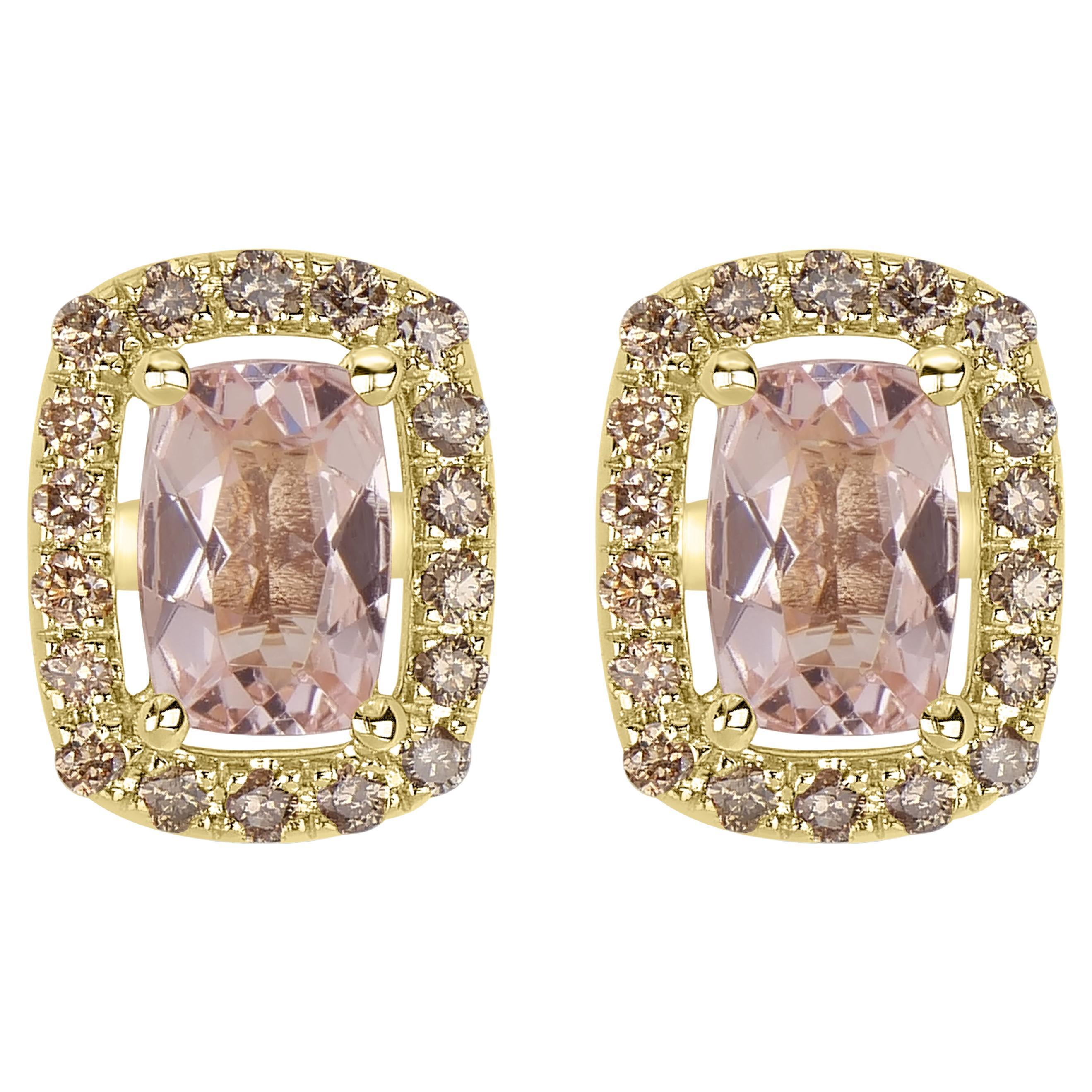 Taille coussin Clous d'oreilles en or jaune 14 carats avec morganite rose naturelle et diamants de 1,31 carat en vente